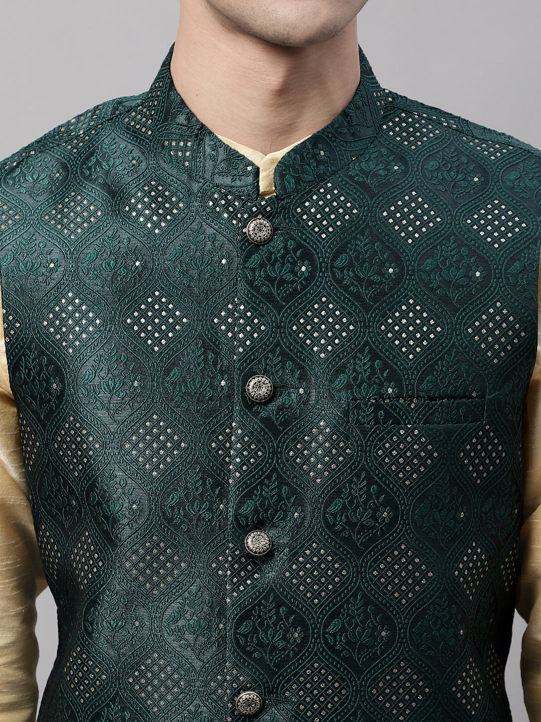Jompers Men's Olive Green Woven Design Waistcoats