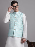 Jompers Men's Turquoise Blue Woven Design Nehru Jacket