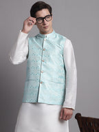 Jompers Men's Turquoise Blue Woven Design Nehru Jacket