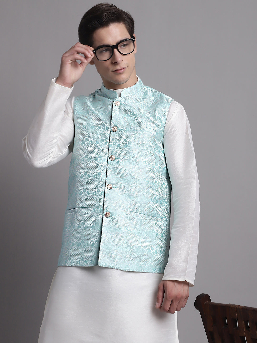 Jompers Men's Turquoise Blue Woven Design Nehru Jacket
