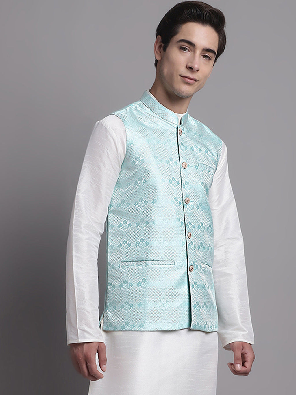 Jompers Men's Turquoise Blue Woven Design Nehru Jacket