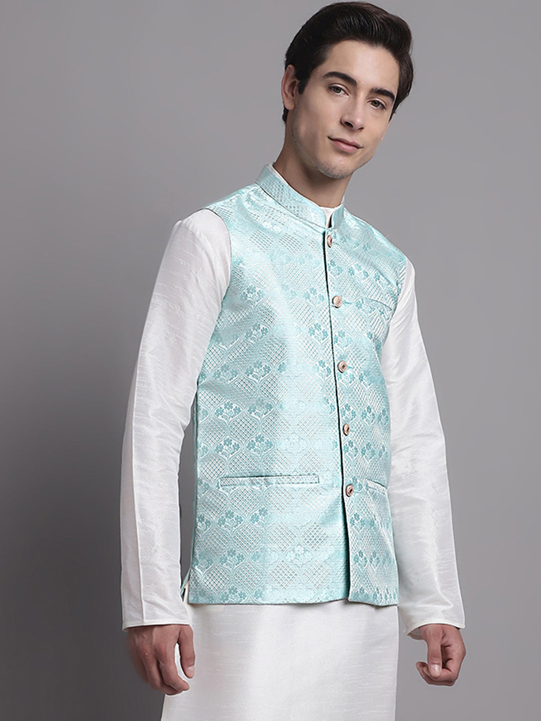 Jompers Men's Turquoise Blue Woven Design Nehru Jacket