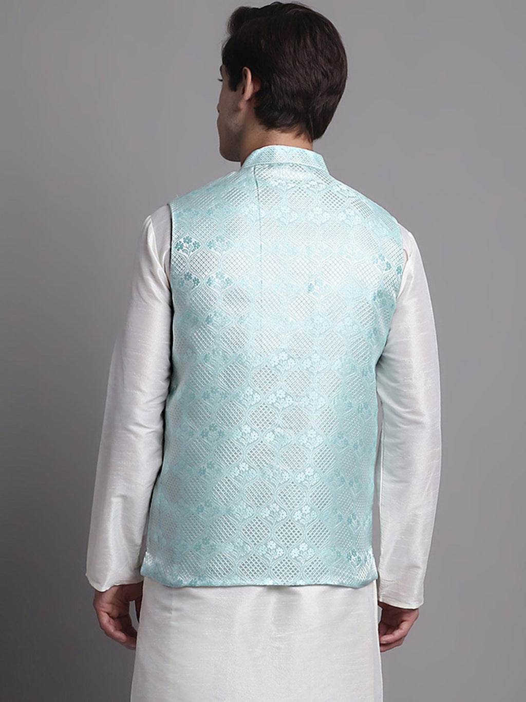 Jompers Men's Turquoise Blue Woven Design Nehru Jacket