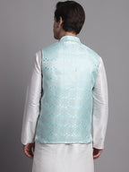 Jompers Men's Turquoise Blue Woven Design Nehru Jacket