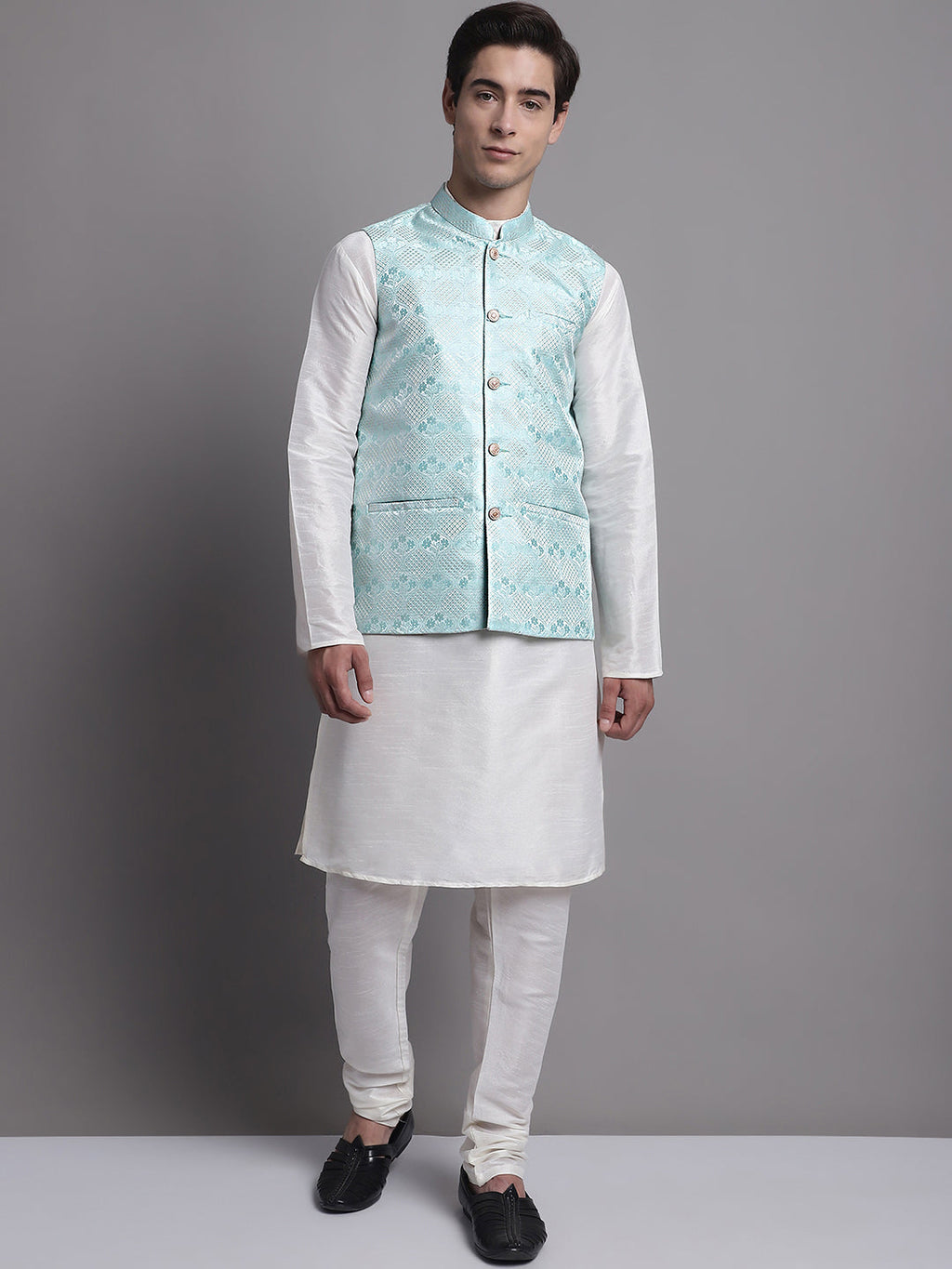 Jompers Men's Turquoise Blue Woven Design Nehru Jacket