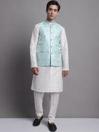 Jompers Men's Turquoise Blue Woven Design Nehru Jacket