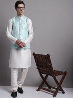 Jompers Men's Turquoise Blue Woven Design Nehru Jacket