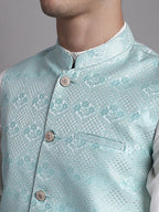 Jompers Men's Turquoise Blue Woven Design Nehru Jacket