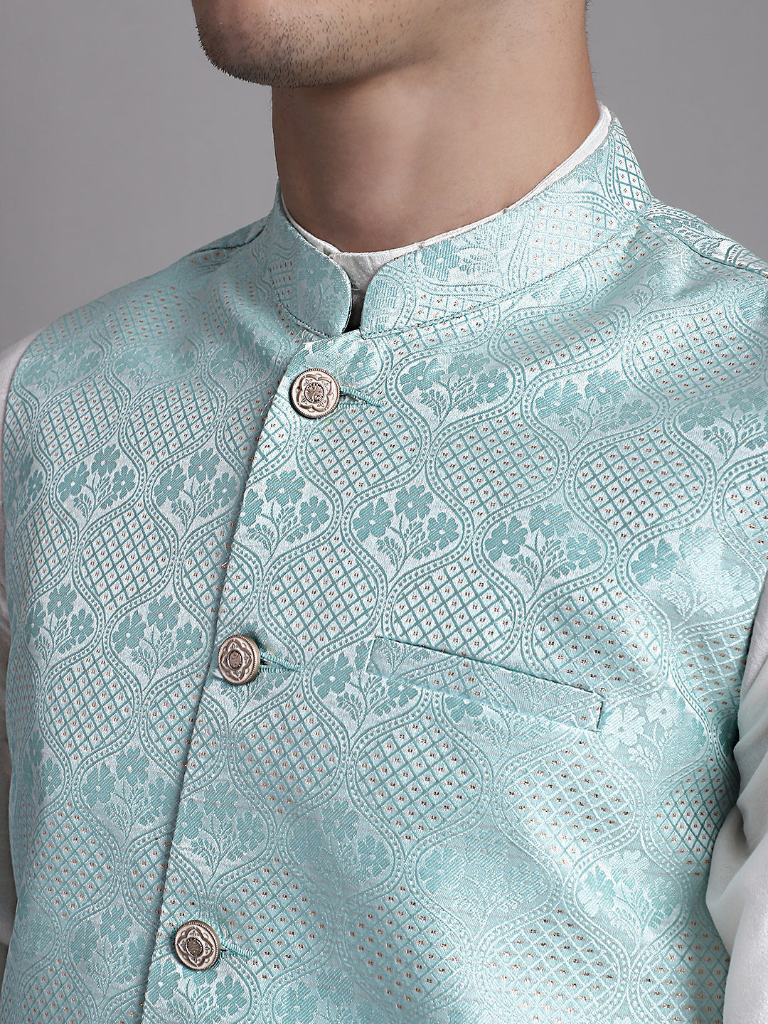Jompers Men's Turquoise Blue Woven Design Nehru Jacket