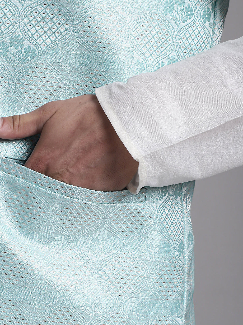 Jompers Men's Turquoise Blue Woven Design Nehru Jacket