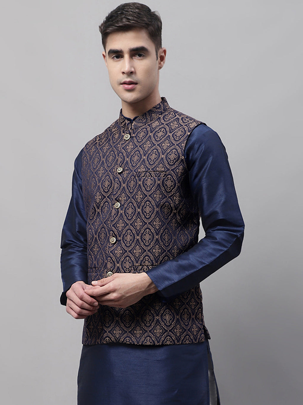 Jompers Men's Navy Blue and Brown Woven Design Waistcoats