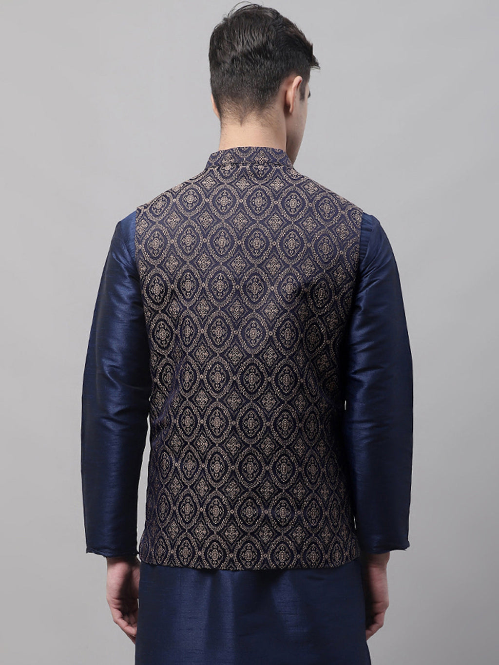 Jompers Men's Navy Blue and Brown Woven Design Waistcoats