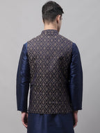 Jompers Men's Navy Blue and Brown Woven Design Waistcoats