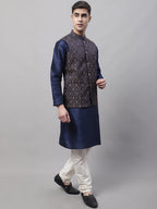 Jompers Men's Navy Blue and Brown Woven Design Waistcoats