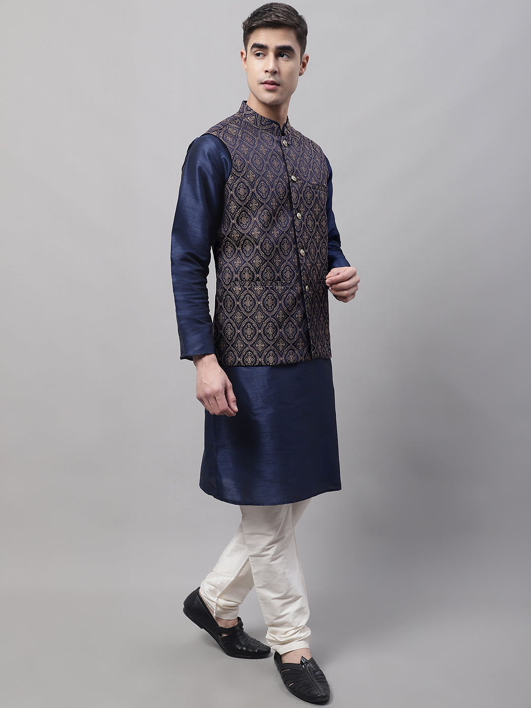 Jompers Men's Navy Blue and Brown Woven Design Waistcoats