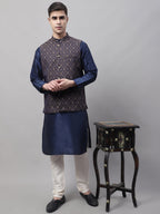 Jompers Men's Navy Blue and Brown Woven Design Waistcoats