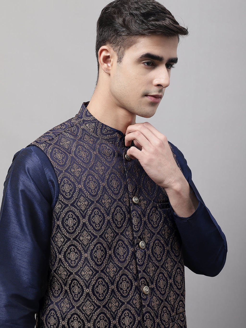 Jompers Men's Navy Blue and Brown Woven Design Waistcoats
