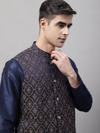 Jompers Men's Navy Blue and Brown Woven Design Waistcoats
