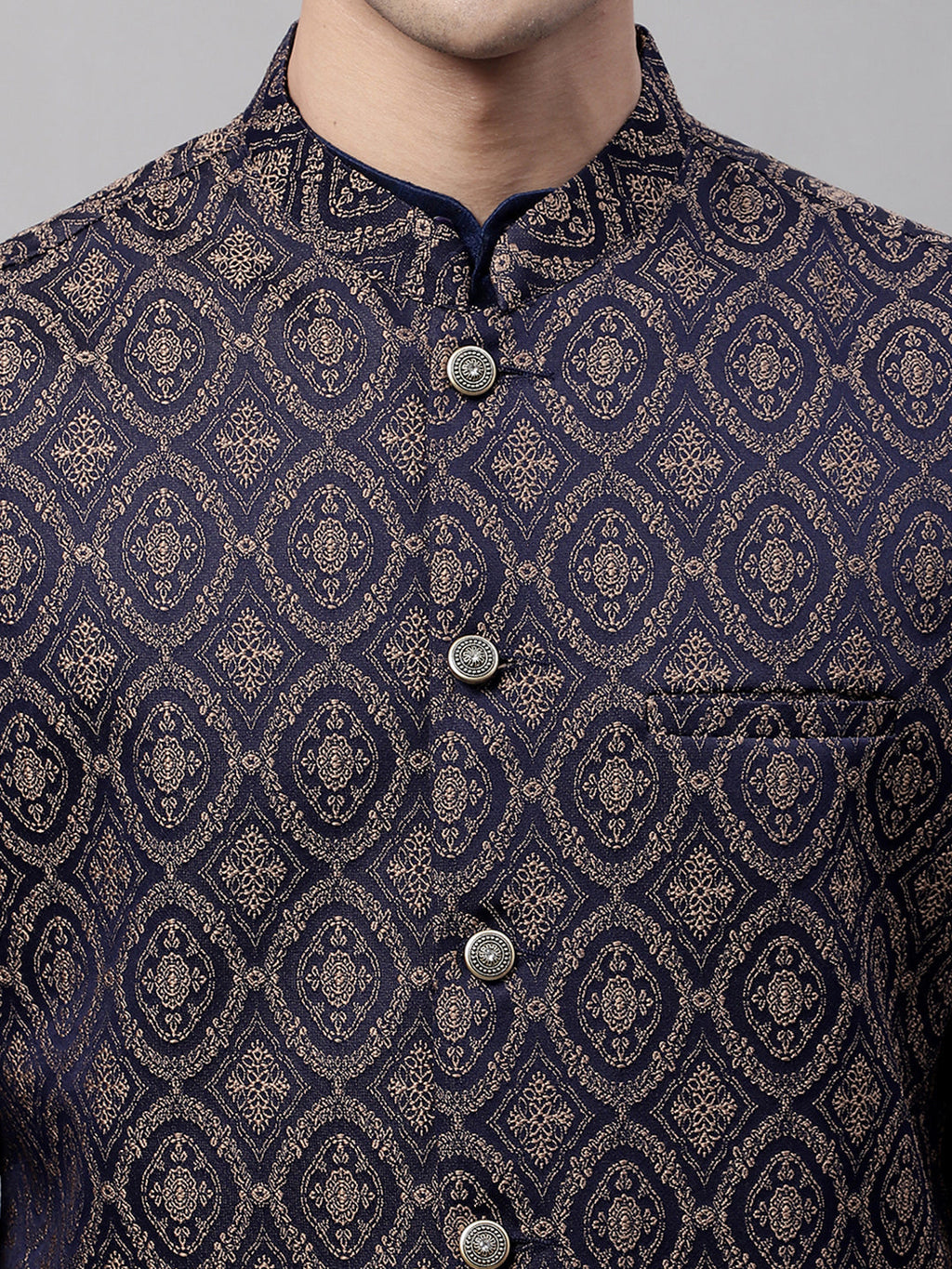 Jompers Men's Navy Blue and Brown Woven Design Waistcoats