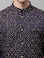 Jompers Men's Navy Blue and Brown Woven Design Waistcoats
