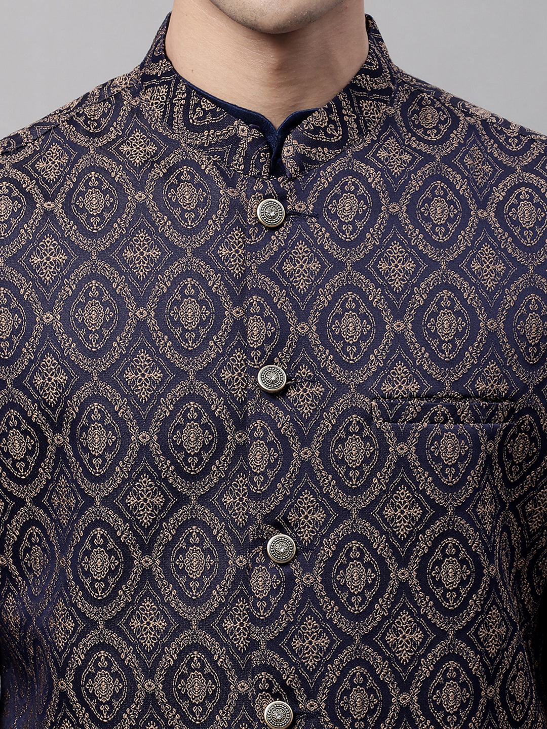 Jompers Men's Navy Blue and Brown Woven Design Waistcoats