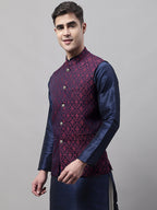 Jompers Men's Navy Blue and Maroon Woven Design Waistcoats