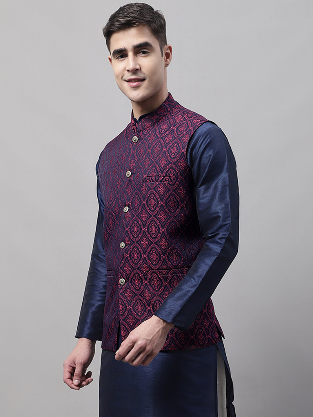 Jompers Men's Navy Blue and Maroon Woven Design Waistcoats