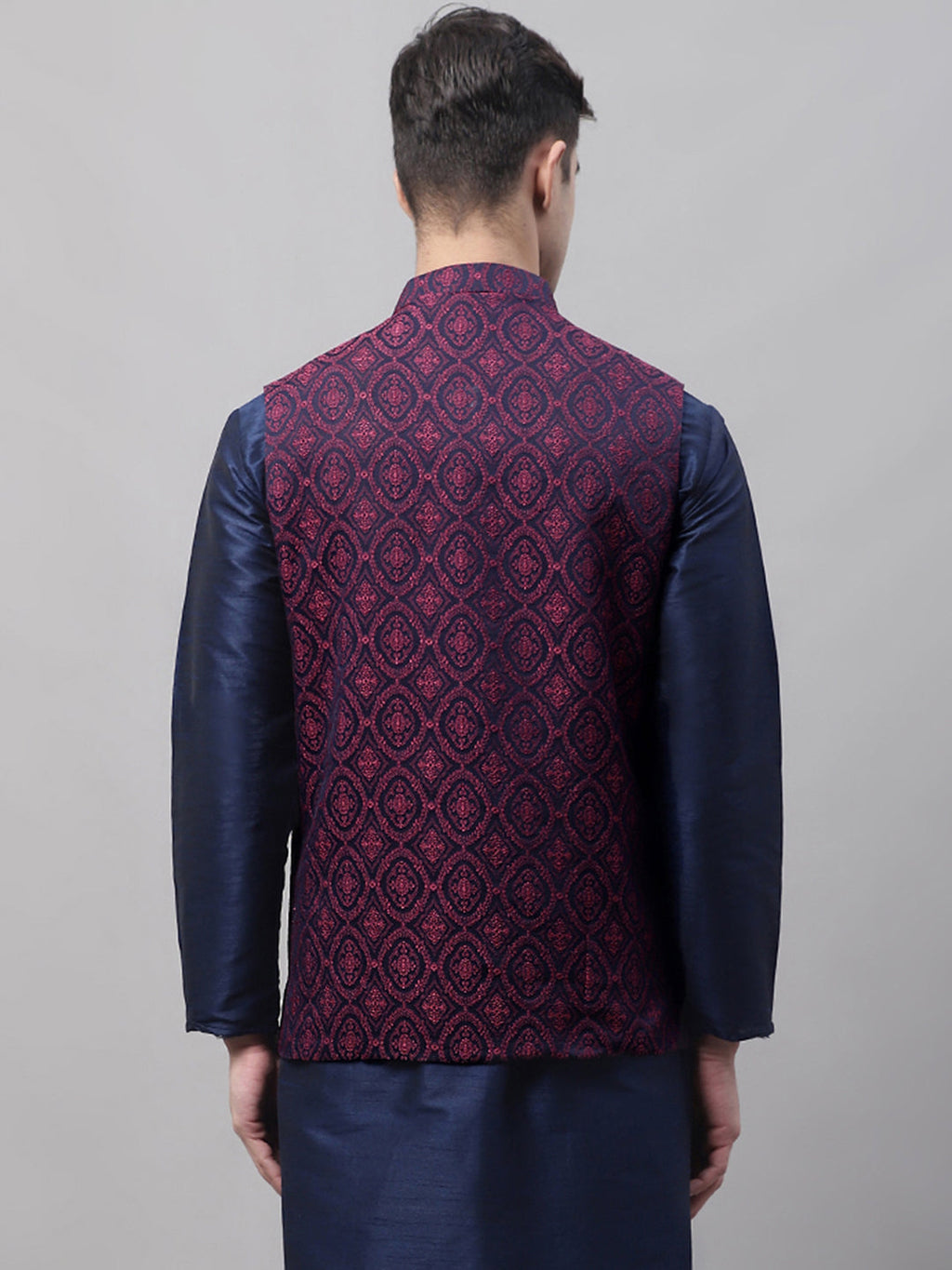 Jompers Men's Navy Blue and Maroon Woven Design Waistcoats