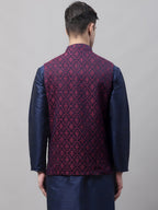 Jompers Men's Navy Blue and Maroon Woven Design Waistcoats