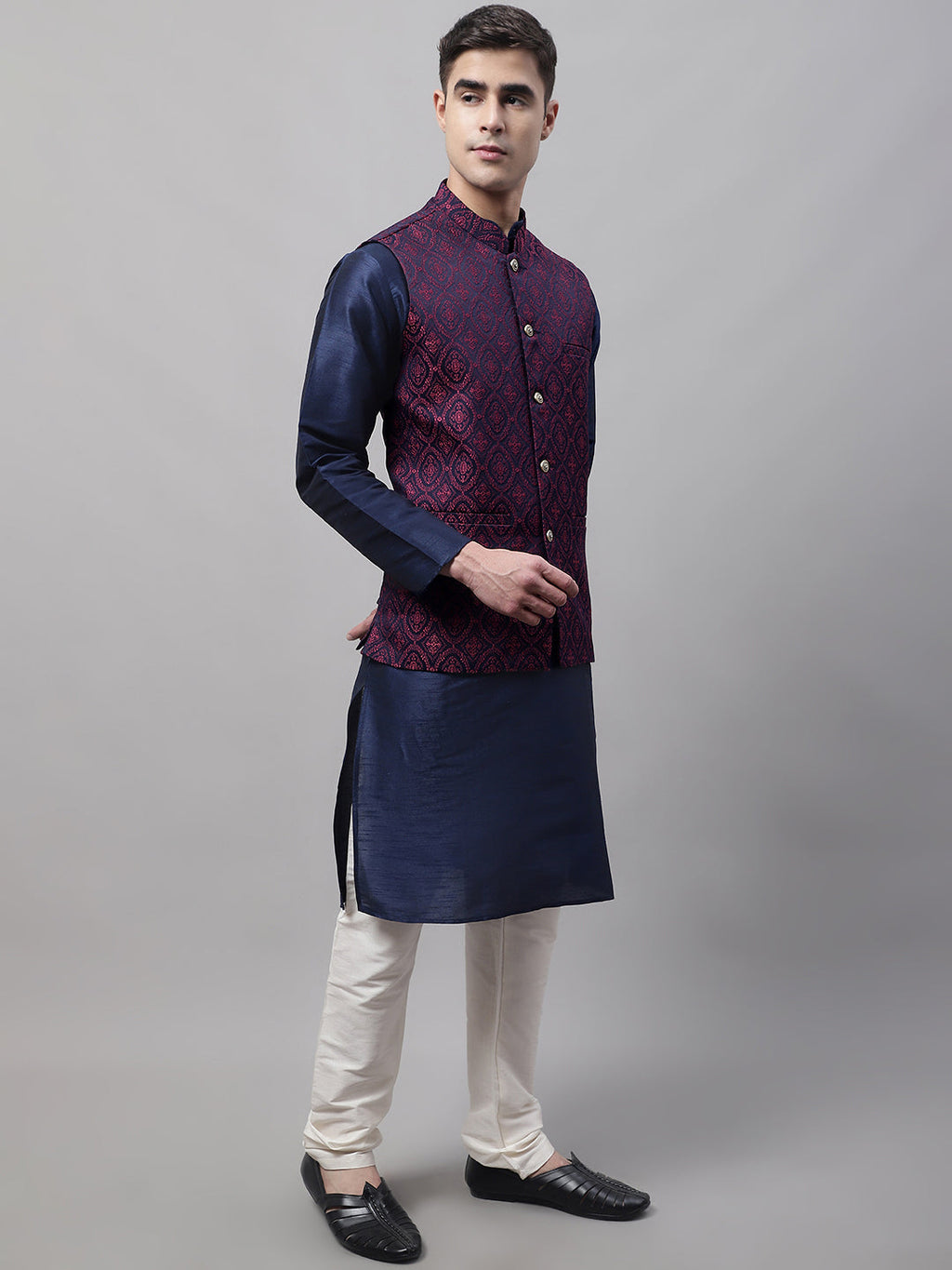 Jompers Men's Navy Blue and Maroon Woven Design Waistcoats