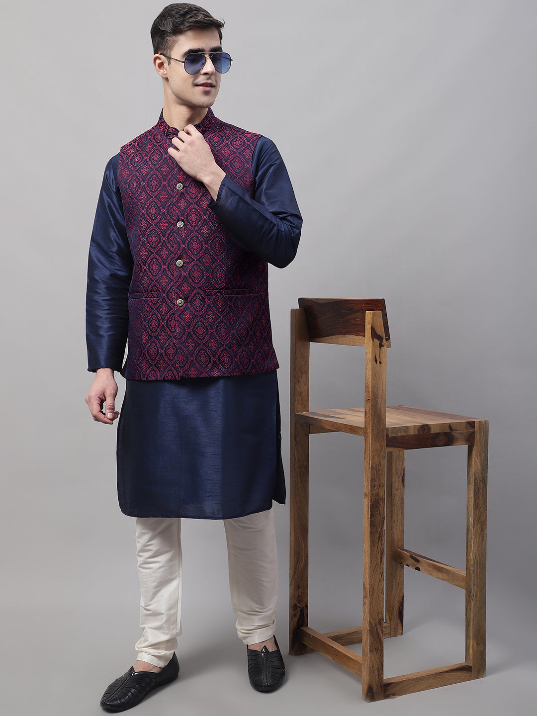 Jompers Men's Navy Blue and Maroon Woven Design Waistcoats