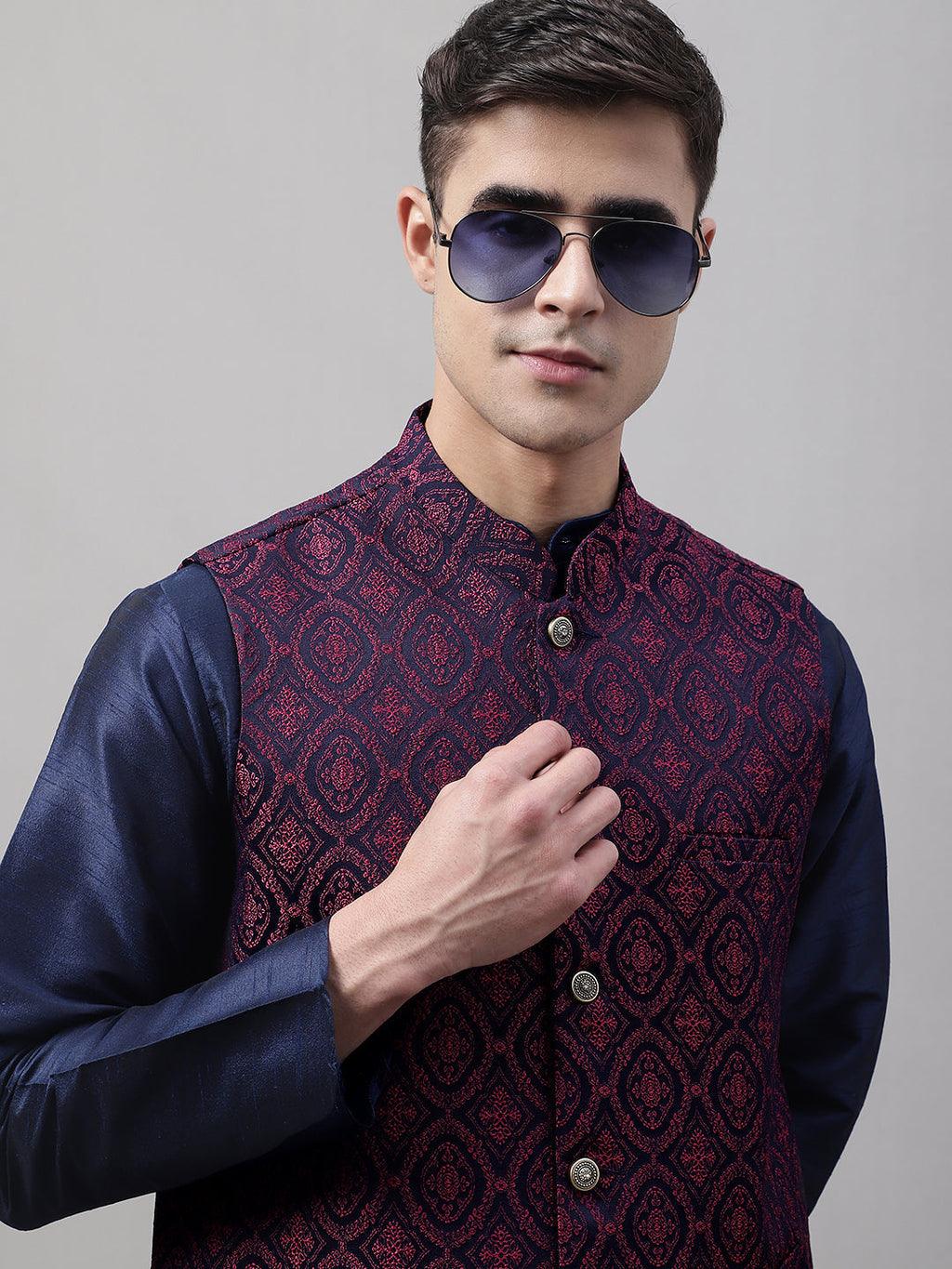 Jompers Men's Navy Blue and Maroon Woven Design Waistcoats