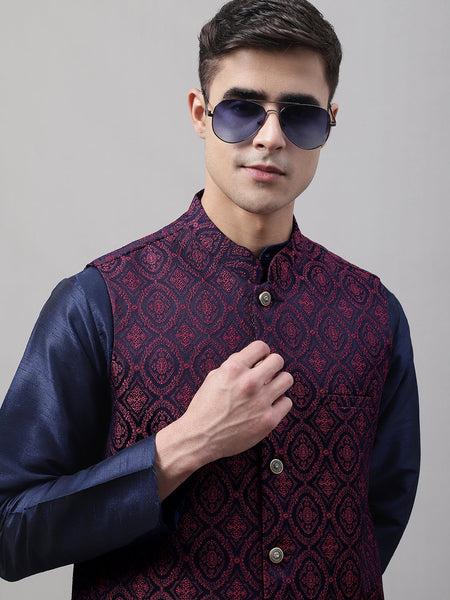 Jompers Men's Navy Blue and Maroon Woven Design Waistcoats