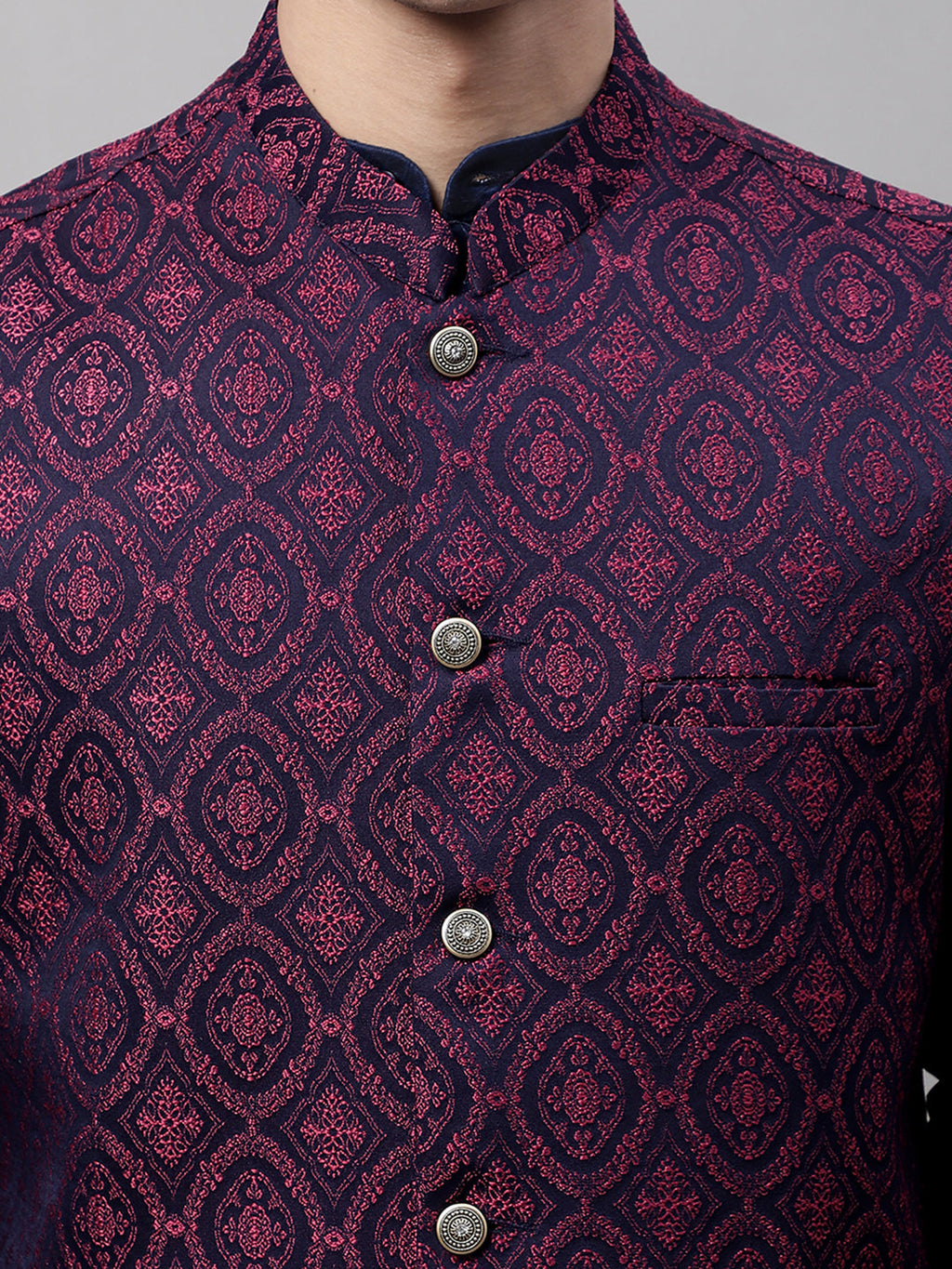 Jompers Men's Navy Blue and Maroon Woven Design Waistcoats