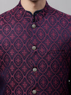 Jompers Men's Navy Blue and Maroon Woven Design Waistcoats