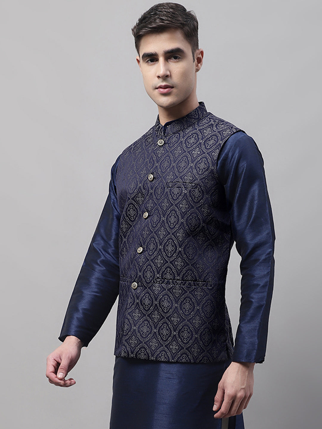 Jompers Men's Navy Blue and Silver Woven Design Waistcoats