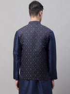 Jompers Men's Navy Blue and Silver Woven Design Waistcoats