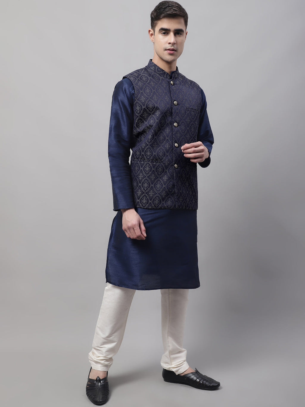 Jompers Men's Navy Blue and Silver Woven Design Waistcoats