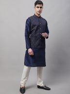 Jompers Men's Navy Blue and Silver Woven Design Waistcoats