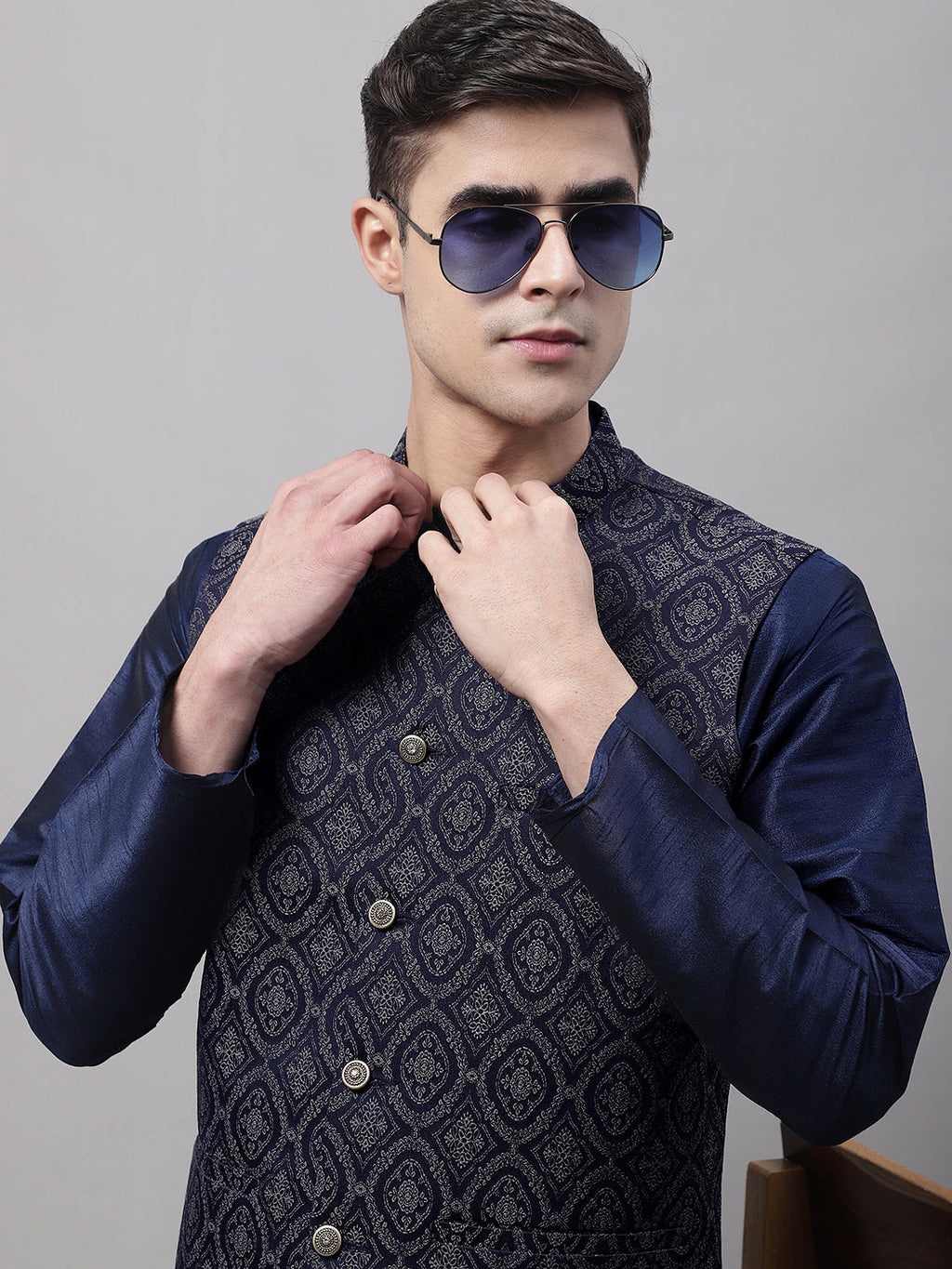 Jompers Men's Navy Blue and Silver Woven Design Waistcoats