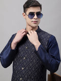 Jompers Men's Navy Blue and Silver Woven Design Waistcoats