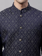 Jompers Men's Navy Blue and Silver Woven Design Waistcoats