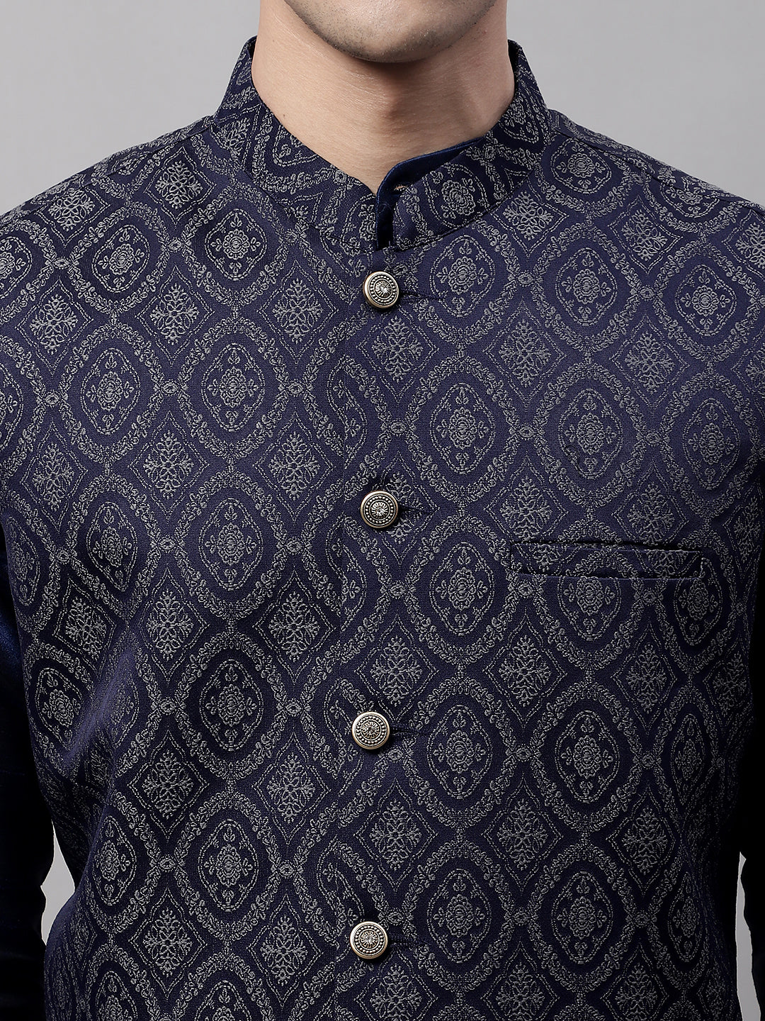 Jompers Men's Navy Blue and Silver Woven Design Waistcoats