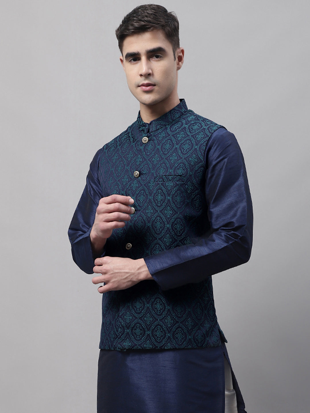 Jompers Men's Navy Blue and Green Woven Design Waistcoats