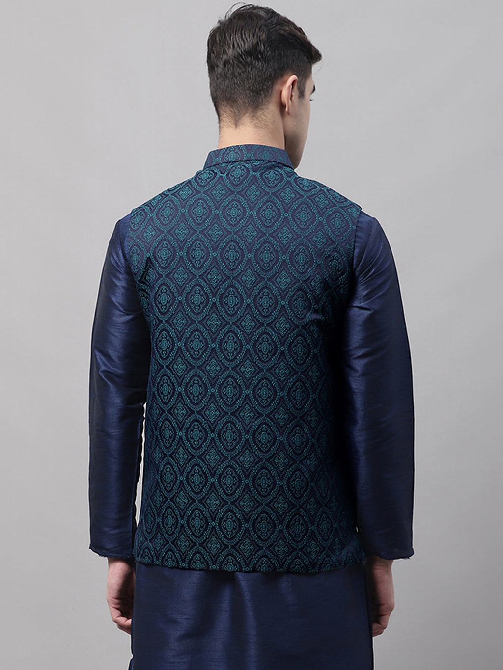 Jompers Men's Navy Blue and Green Woven Design Waistcoats