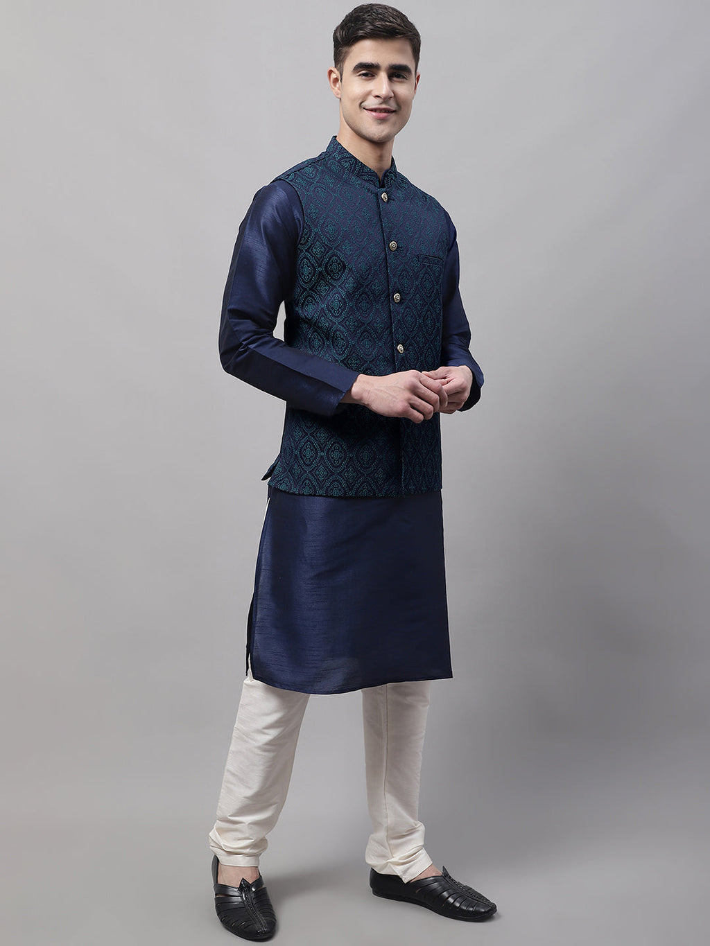 Jompers Men's Navy Blue and Green Woven Design Waistcoats