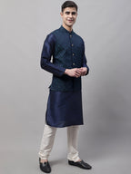 Jompers Men's Navy Blue and Green Woven Design Waistcoats