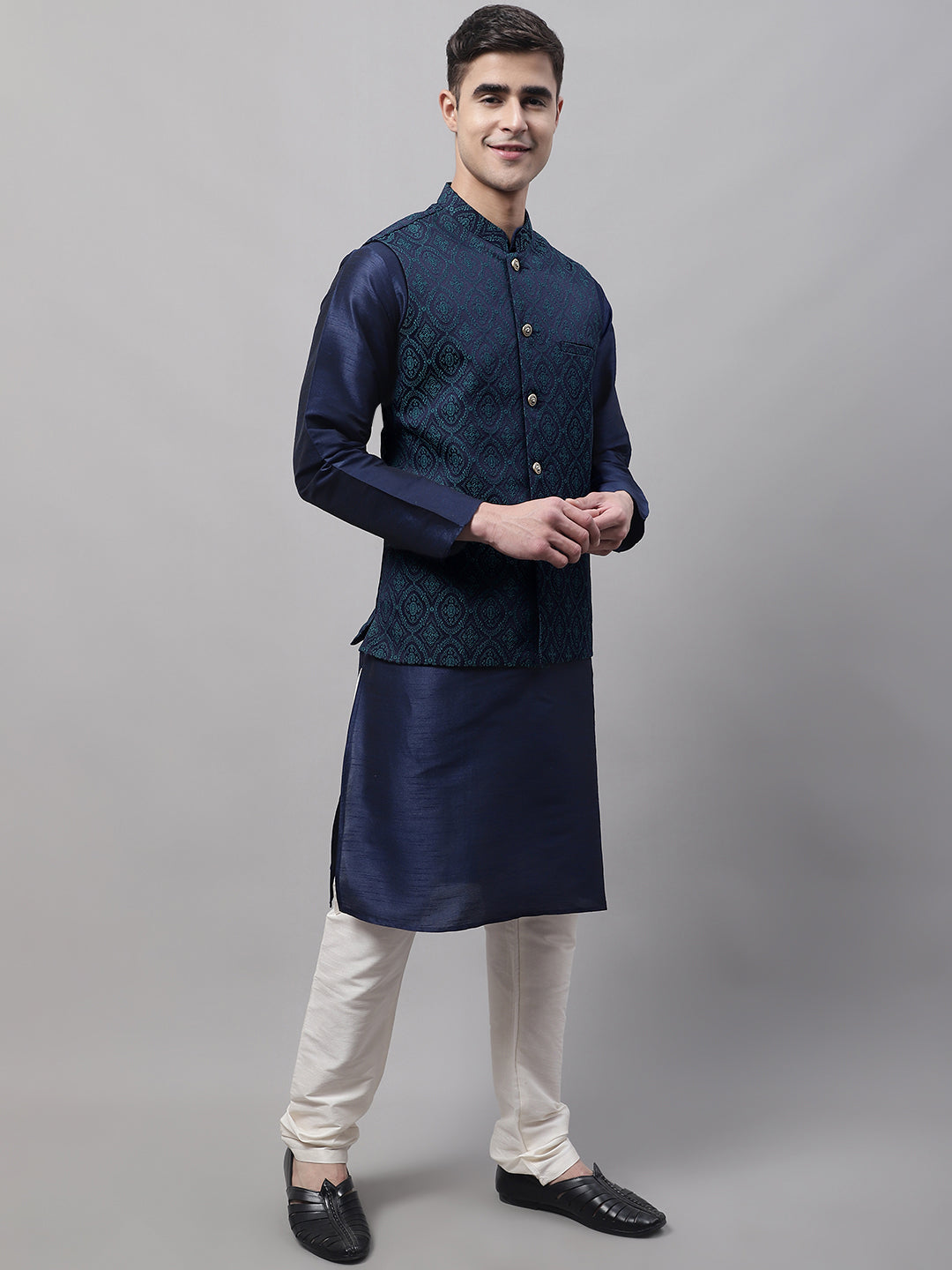 Jompers Men's Navy Blue and Green Woven Design Waistcoats