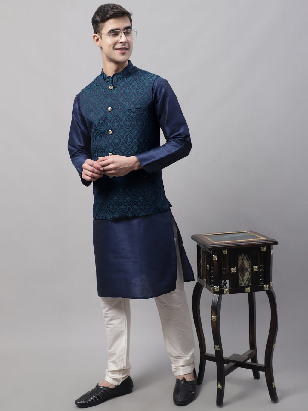Jompers Men's Navy Blue and Green Woven Design Waistcoats