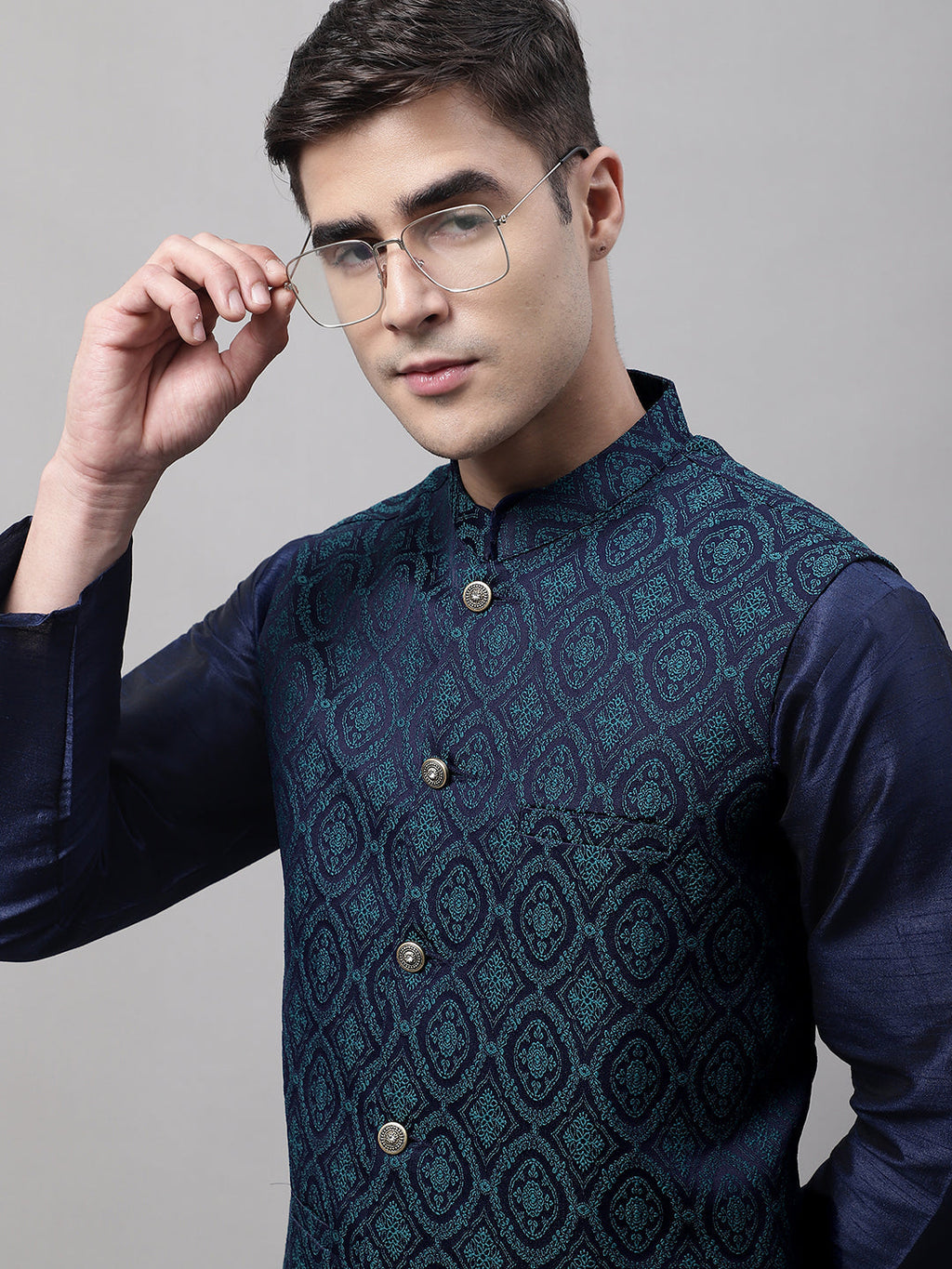 Jompers Men's Navy Blue and Green Woven Design Waistcoats